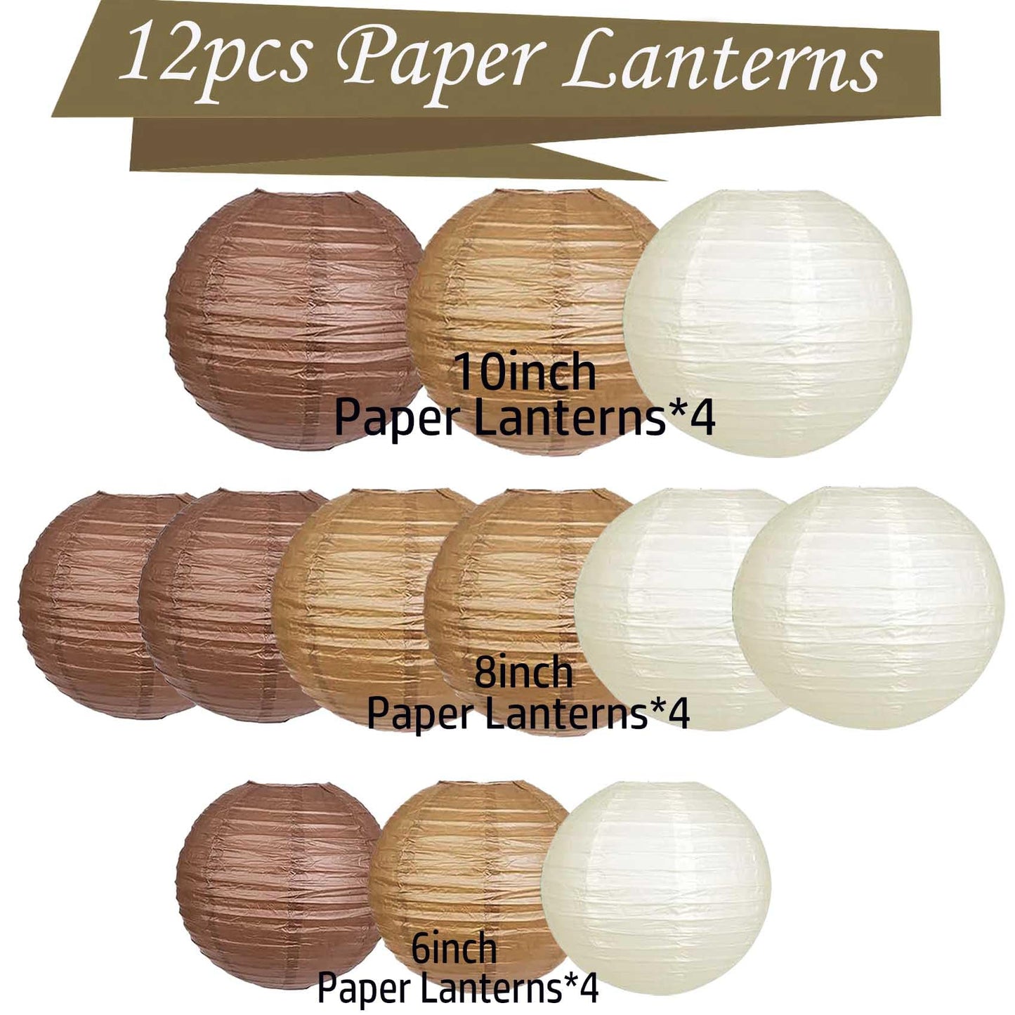 KUNYYI Boho Paper Lanterns, 12 Pcs Brown Nude White Chinese Lanterns Different Sizes for Baby Shower Garden Tea Party Bachelorette Birthday Wedding Party Decorations