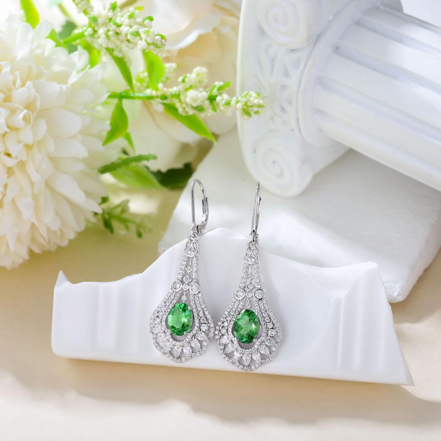 Lvoryance 1.5CT Created Emerald Earrings 925 Sterling Silver 6mm * 8mm Oval Cut May Birthstone Drop Earrings for Women