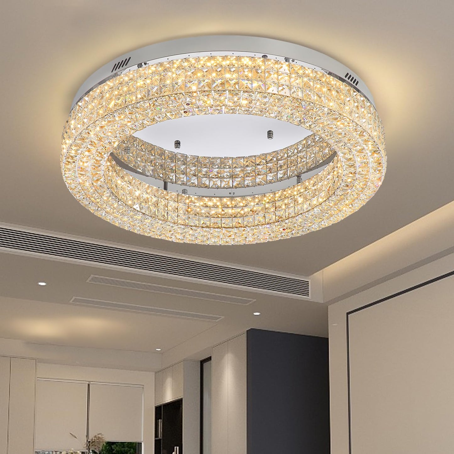 ykolupty 24" Crystal Chandeliers,Round Chandelier for Living Room Modern Ceiling Chandelier Flush Mount Ceiling Light Fixtures for Foyer Bedrooms Dining Room Hallway