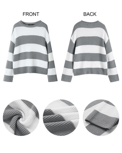 ZESICA Women's 2025 Fall Long Sleeve Oversized Striped Color Block Comfy Loose Crew Neck Knitted Pullover Sweater
