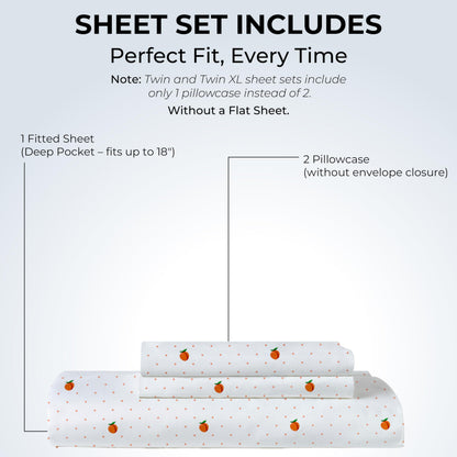 Mayil Manor Queen Size Fitted Sheet with 18" Deep Pockets, No Flat - Percale Weave Natural - Breathable 100% Cotton Printed Bedding, 1 Fitted Sheet + 2 Pillowcases - Peach Dot Print