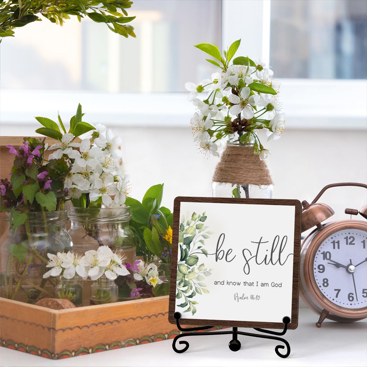 Be Still And Know That I Am God Table Sign, Farmhouse Bathroom Decor, Eucalyptus Desk Decor For Living Room Home Office Mantle Coffee Bar Bookshelf Kitchen Entryway (C10)