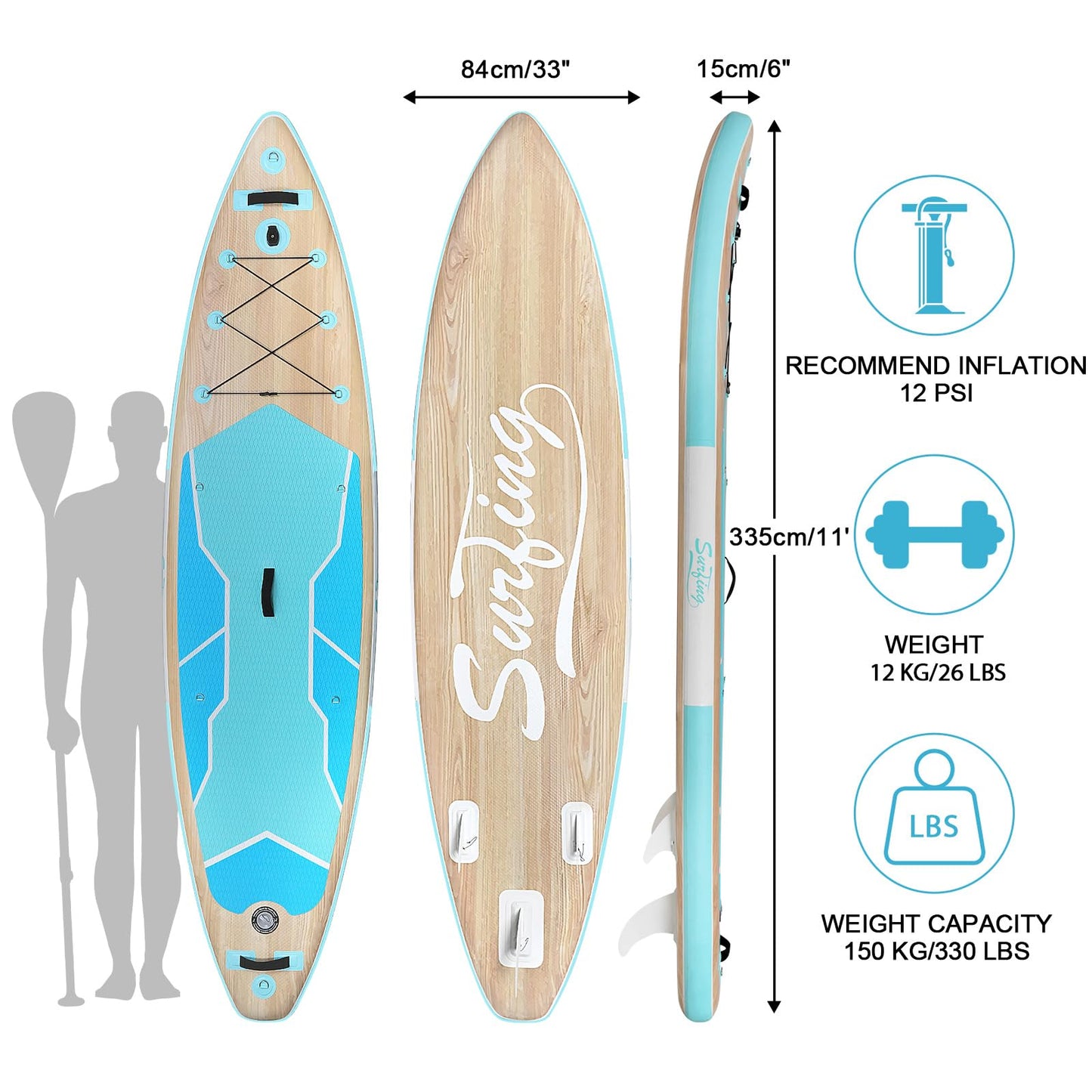 YUSING Inflatable Paddle Board, 10'6" x 33'' x 6" SUP, Paddle Boards for Adults, Non-Slip Deck SUP Paddle Board with SUP Accessories,3 Removable Fins (Wood)