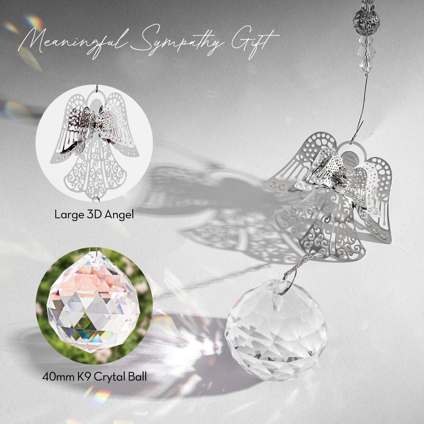 Elivida Memorial Modern Sympathy Gift for Loss of Mom - 3D Angel Design Grief Hanging Ornament With 40mm Clear Crystal Ball Rainbow Maker - Bereavement Idea for Women