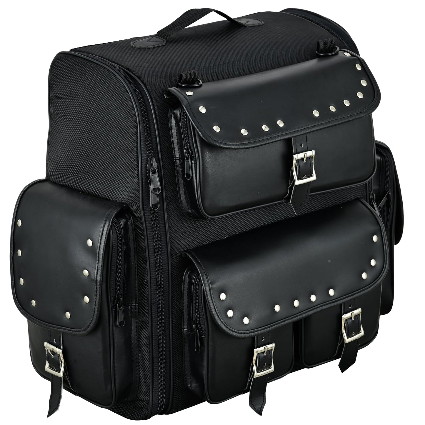 Vance Leathers Large Studded 2 Piece Sissy Bar Bag - Motorcycle Luggage with Multiple Storage Pockets & Removeable Rain Cover