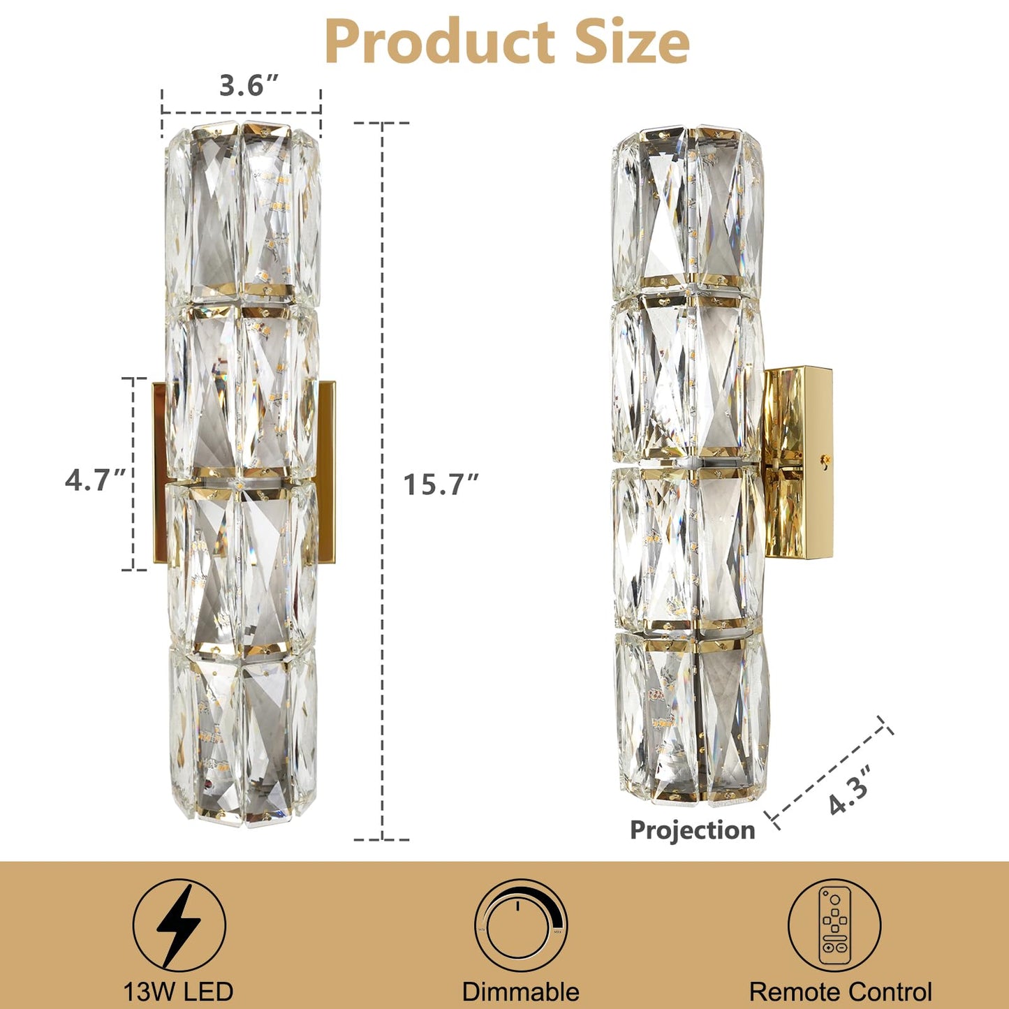 passong Gold Crystal Wall Sconces, Dimmable LED Wall Light Fixtures with Remote, Modern Luxury K9 Crystal Vanity Lighting for Bedroom Bathroom Living Room Hallway Stairway, Hardwired 3000K-6000K