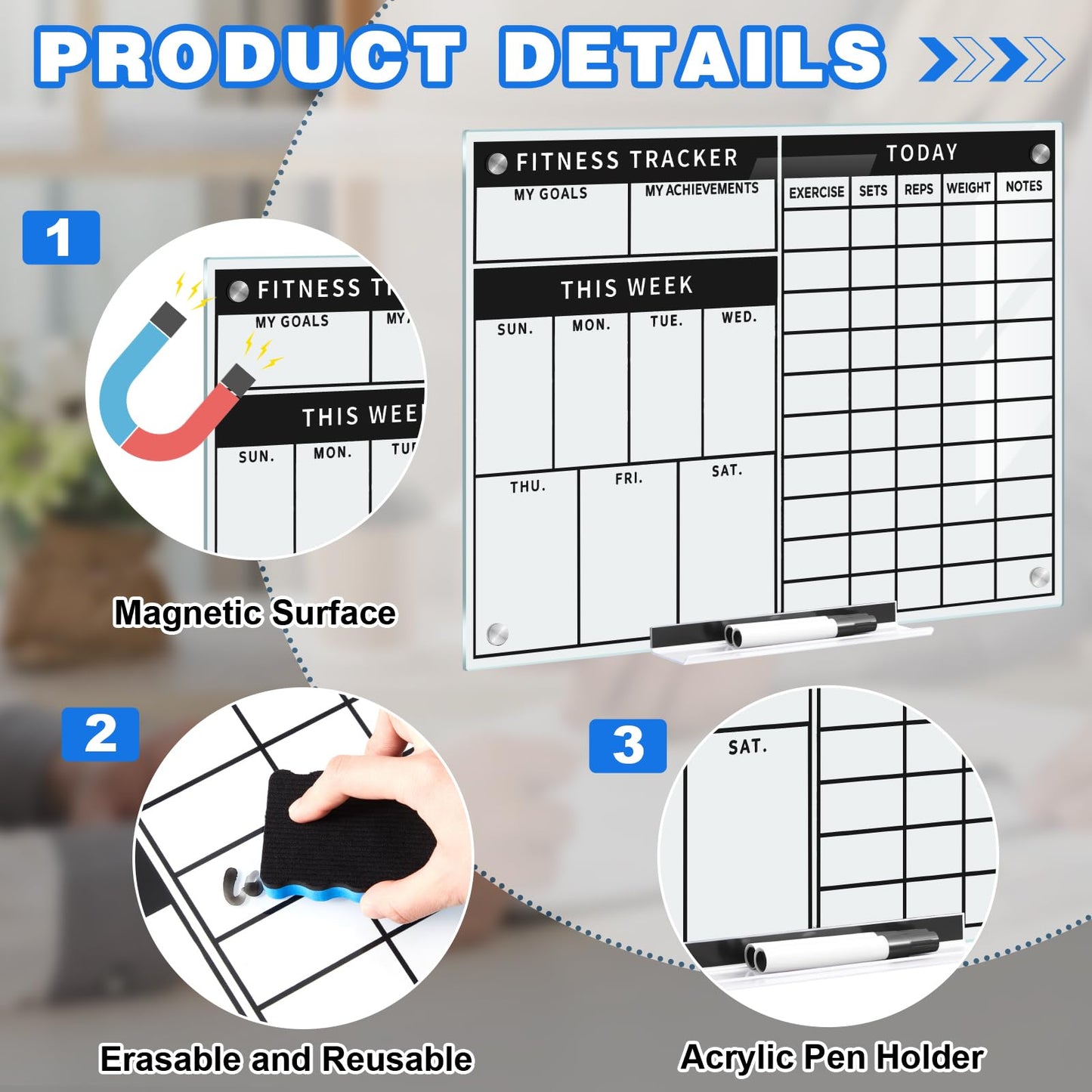 Lincia Glass Dry Erase Whiteboard Fitness Tracker 24 X18 Inch Frameless Mounted Schedule Planner Goal and Task Whiteboard for Home Apartment and Gym Use Marker and Eraser Included