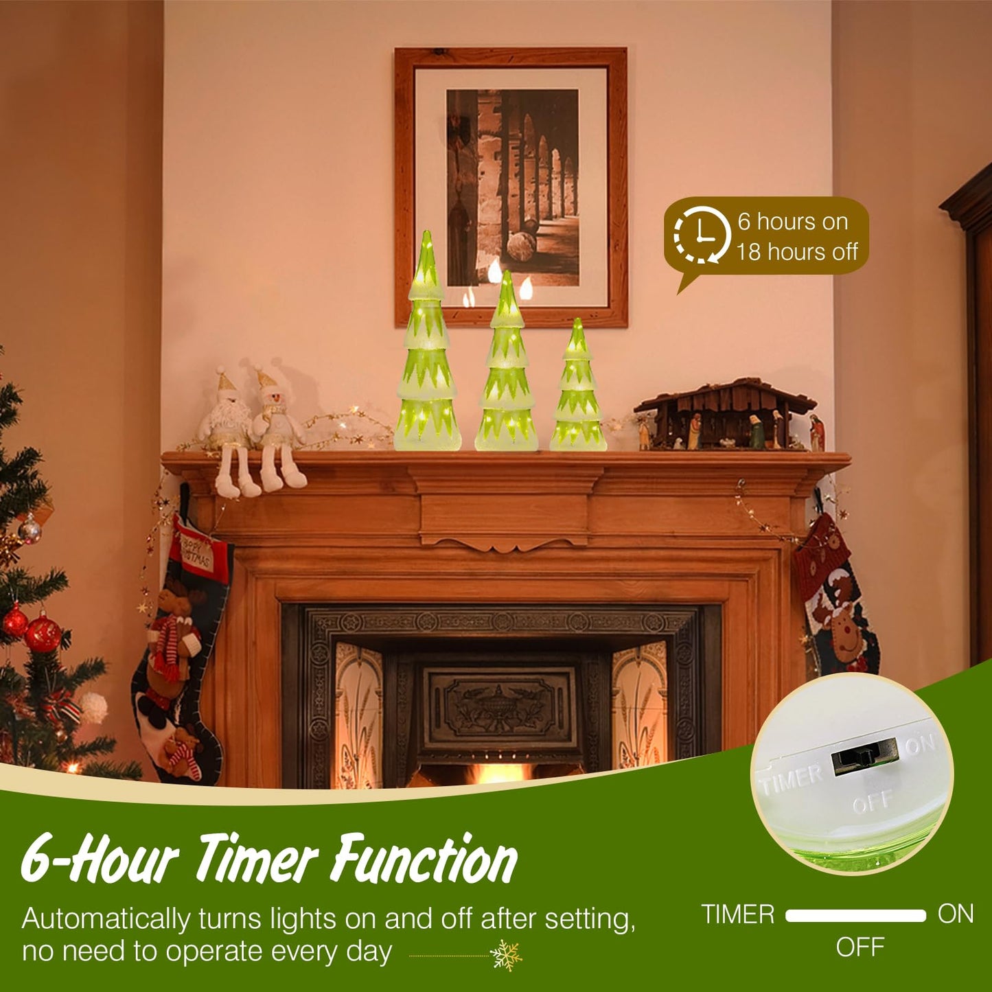 Lewondr LED Glass Christmas Tree Tabletop with Snow Cover Warm Yellow Light, 3 PCS 6H Timer Battery Operated Christmas Table Lamps Ornaments for Xmas Table Decorations Holiday Season Decor, Green