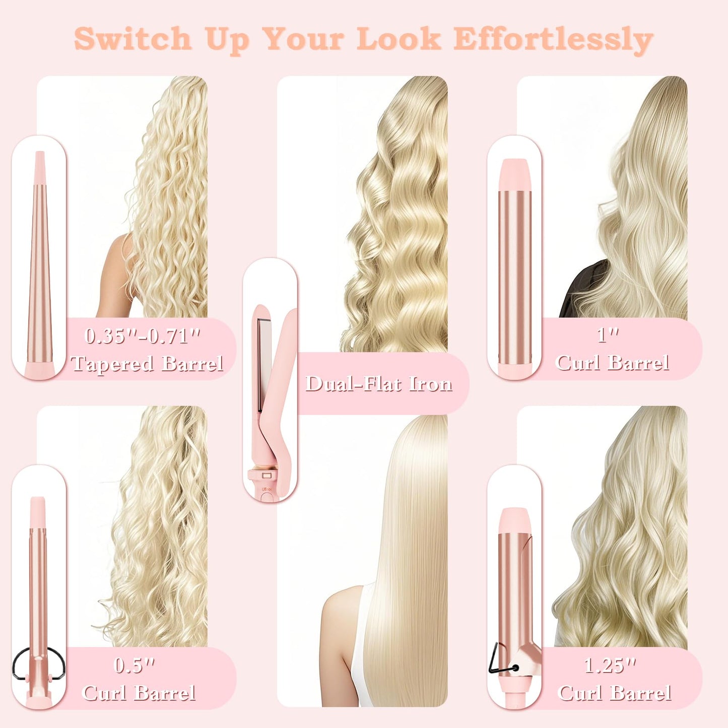 Birthday Gifts for Women, Ufree 5 in 1 Curling Iron with Interchangeable Ceramic Barrels (0.35"-1.25"), Curling Wand Set with Flat Iron Hair Straightener, Instant Heat Up, Dual Voltage Hair Curler