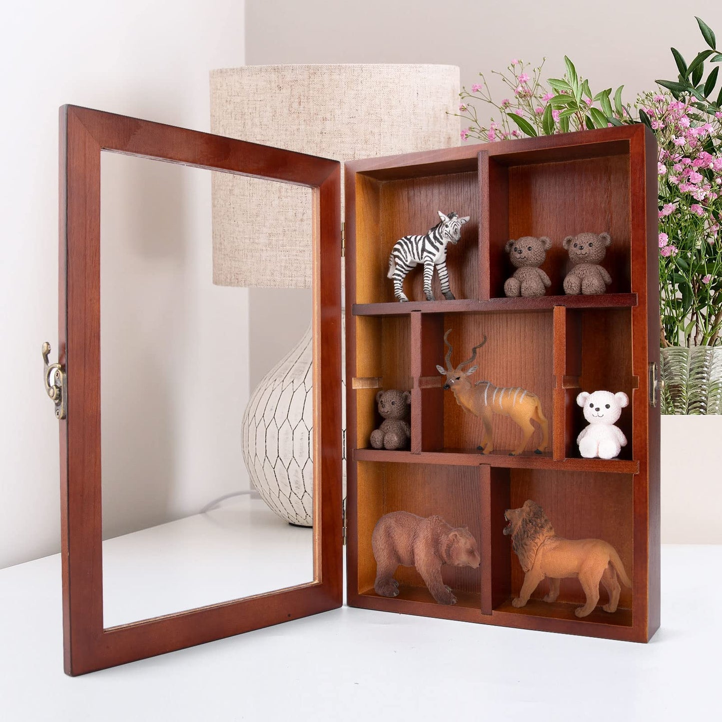 Mooncraftlogy Adjustable Rock Display Case, Crystal Collection Box with Shelves, Wood Witchy Stones Organizer Storage,Gem Holder with Lid for Seashell, Collectibles, Wiccan Gift (Brown)