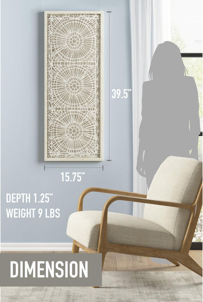 INK+IVY Handmade Rice Paper Textured Wall Art, Glass Covered Geometric Medallion Framed Wall Art, Unique Modern Abstract Shadow Box, Linen Back, Easy To Hang, Boho Bedroom - Off-White Henna