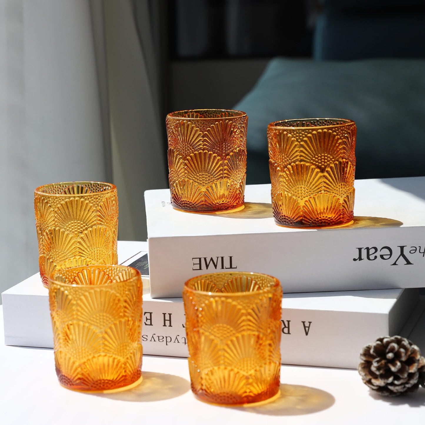 Woho 12Pcs Amber Votive Candle Holders, Glass Amber Candle Holder for Fall Wedding, Boho Tea Lights Candle Holder for Halloween Thanksgiving Centerpieces Table Decoration