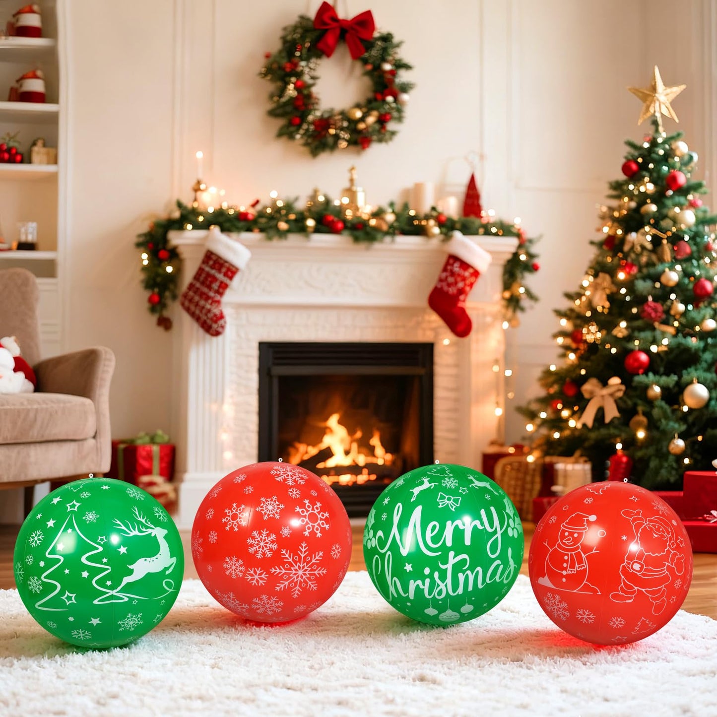 TaoQ C 4 PCS 16 Inch Christmas Inflatable Balloons PVC Hanging Christmas Inflatable Outdoor Balls for Xmas Garden Lawn Yard Holiday Front Door Decoration