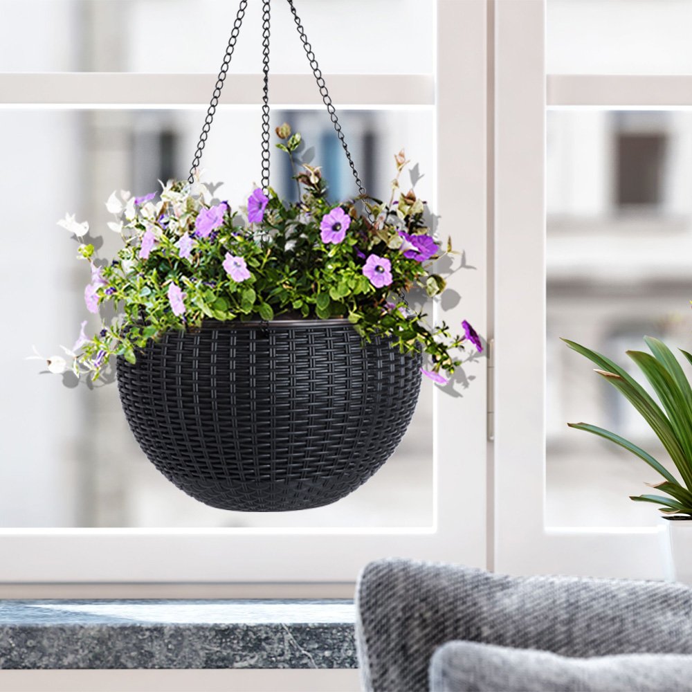 Vencer 11 Inch Round Resin Self Watering Hanging Basket,Water Indicator,Modern Decorative Planter Pot for All House Plants,Black,VF-050B