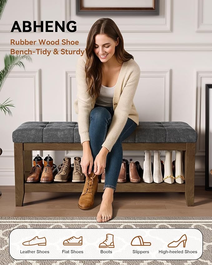 ABHENG Solid Rubber Wood Shoe Bench, Soft Chenille Material Upholstered Seat