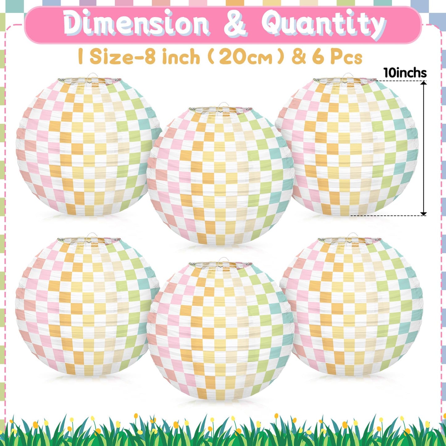 6pcs Pastel Checkered Paper Lanterns Party Decoration, 8inch Pink Gingham Ruond Hanging Lanterns Party Decor for Home Yard Ceiling Classroom Wedding Engagement Birthday Christmas Supplies