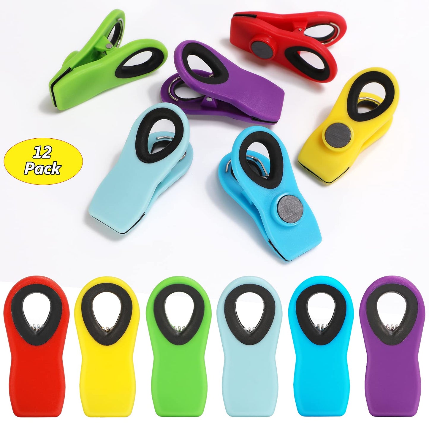 12 Pack Chip Clips, Magnetic Bag Clips with Airtight Seal for Chips, Bread, Snacks, Fridge Organizer Kitchen Storage Clips Multicolor