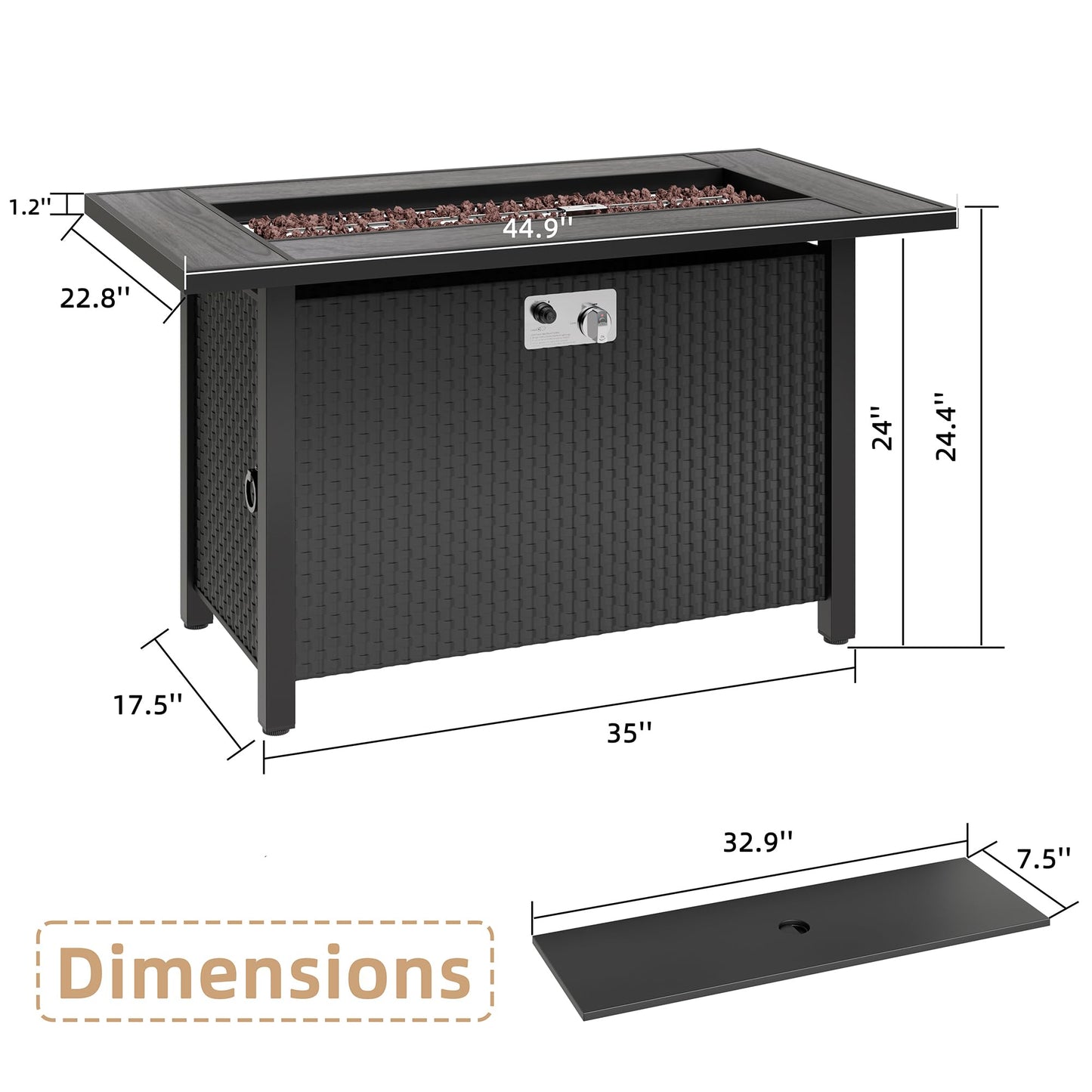 45 Inch Propane Fire Pit Table, 50,000 BTU Outdoor Gas Fire Pit for Patio & Backyard, Rectangular Firepit Table with Lava Rocks, 2-in-1 Convertible Outdoor Table