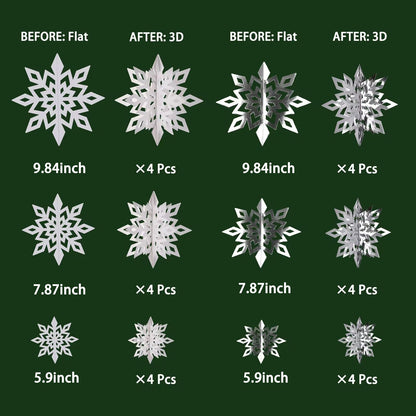 24pcs 3D Snowflake Ornaments - 3 Sizes, Frozen Christmas & Baby Shower Decorations, White & Silvery
