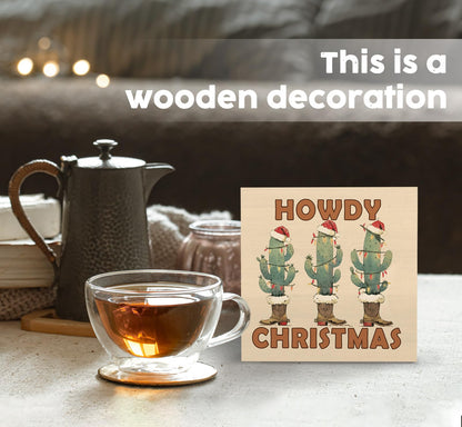 Nitelat Howdy Christmas Western Cactus Cowgirl Boots Wooden Box Sign, Country Christmas Wood Signs For Home Office Desk Shelf Table Decor, Western Decorations, 5x5 Inch