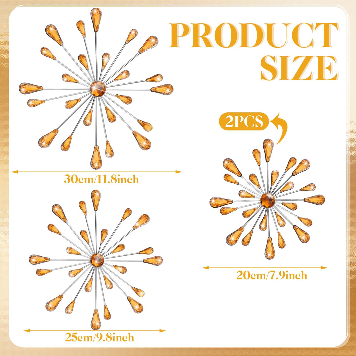 Hicarer 4 Pcs Starburst Wall Decor Bling Wall Art Crystal Teardrop 3D Hanging Rhinestone Radial Metal Artwork Modern Accent Sculptures Decorations for Living Room Home Office Bedroom(Amber)