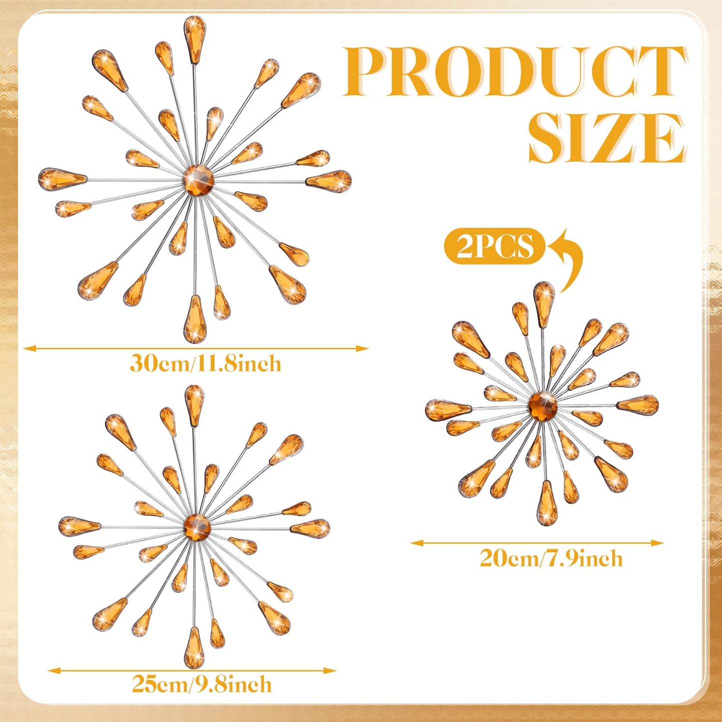Hicarer 4 Pcs Starburst Wall Decor Bling Wall Art Crystal Teardrop 3D Hanging Rhinestone Radial Metal Artwork Modern Accent Sculptures Decorations for Living Room Home Office Bedroom(Amber)