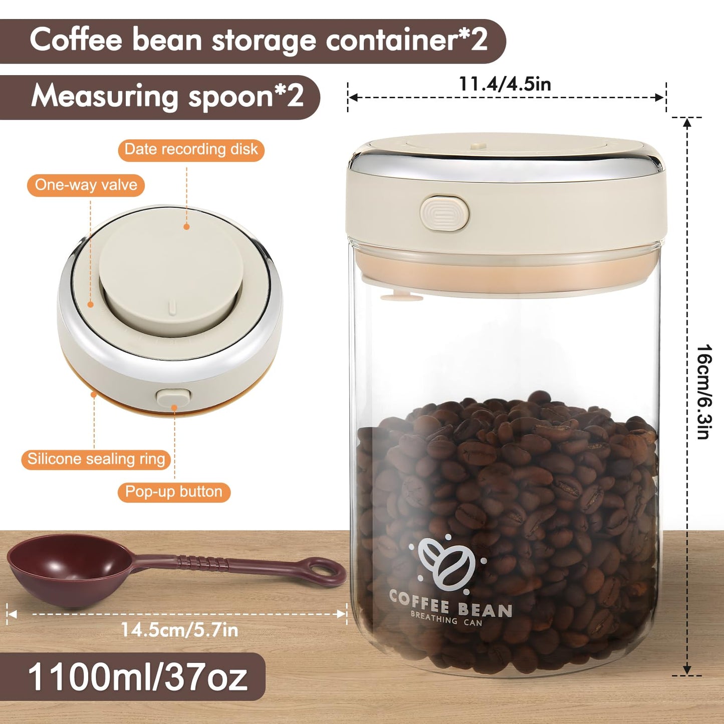 2 Pack 37oz Coffee Bean Storage Container with Scoop Glass Airtight Coffee Canister with One-Way Valve Airtight Lid Date Tracker Storage Container for Grounds Beans Tea Cereal Sugar Flour Cookies