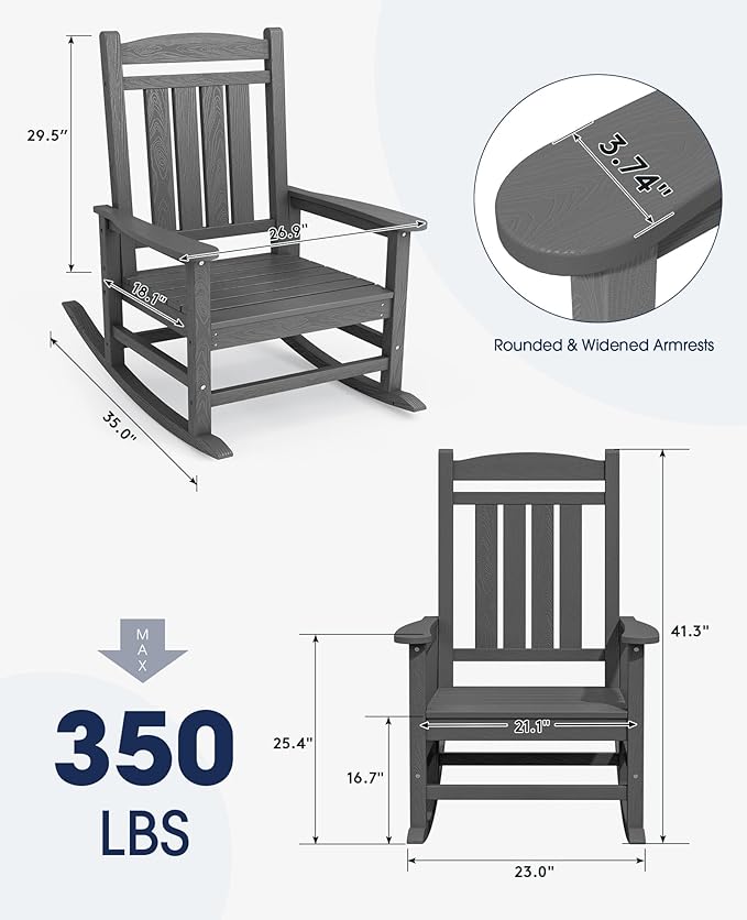 KINGYES HDPE Outdoor Rocking Chair, Widened Seat Patio Rocking Chair, Oversized All Weather Patio Rocker, Gray