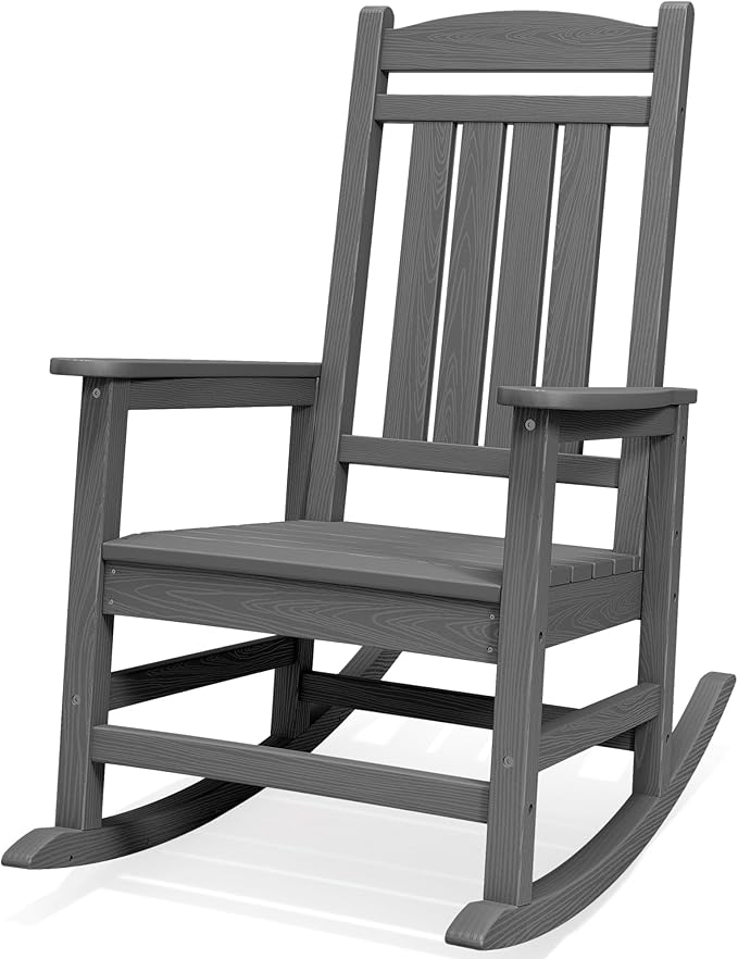 SERWALL Outdoor Rocking Chair, HDPE Patio Rocking Chair All-Weather Porch Rocker for Balcony, Yard, Dark Gray
