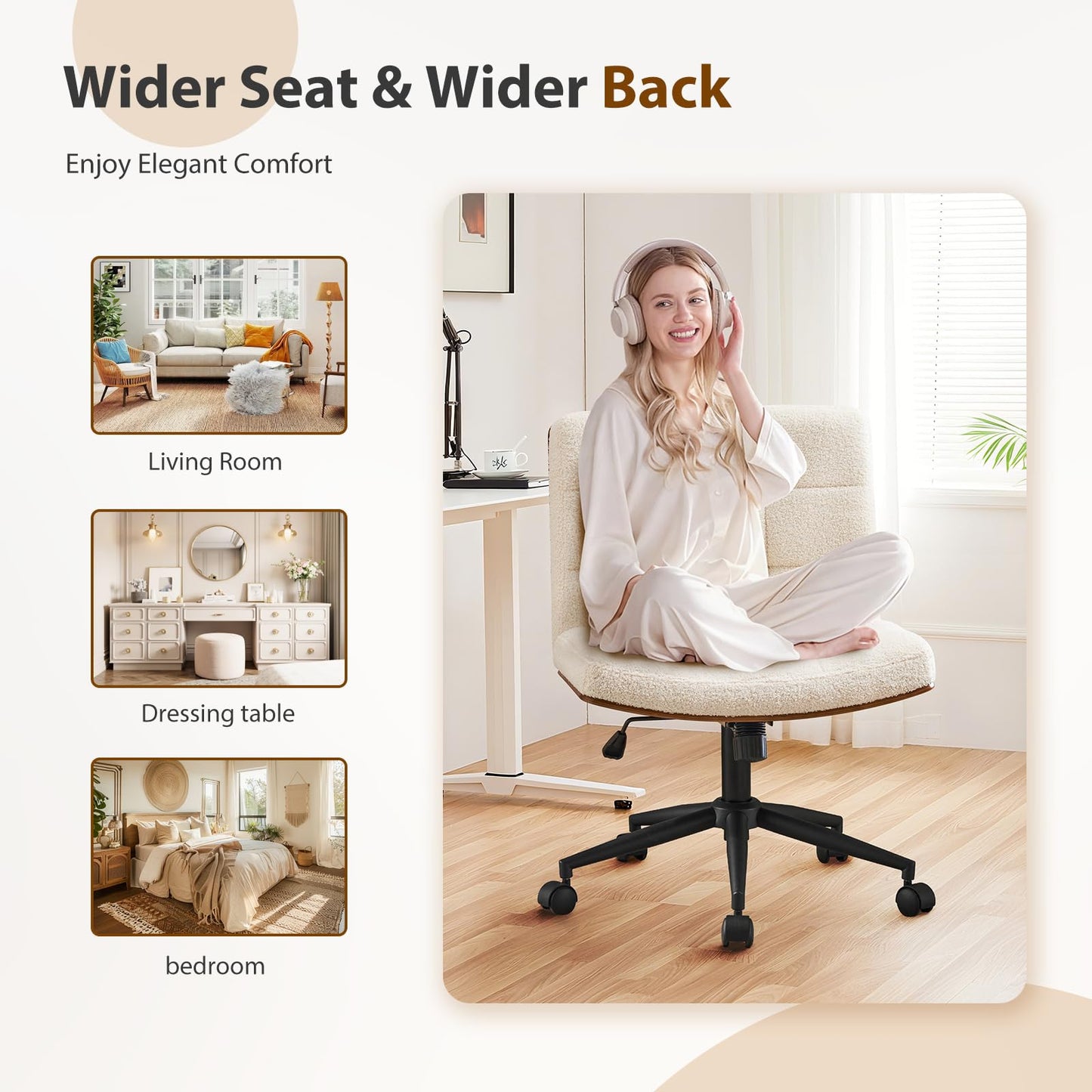 Furnimart Heavy-Duty FSC Wooden Wide Desk Chair, 360° Swivel Criss Cross Office Chair with Wheels, Comfy Cross Legged Sitting, Armless Rolling Chair for Bedroom, Office, Vanity (Faux Fur White)