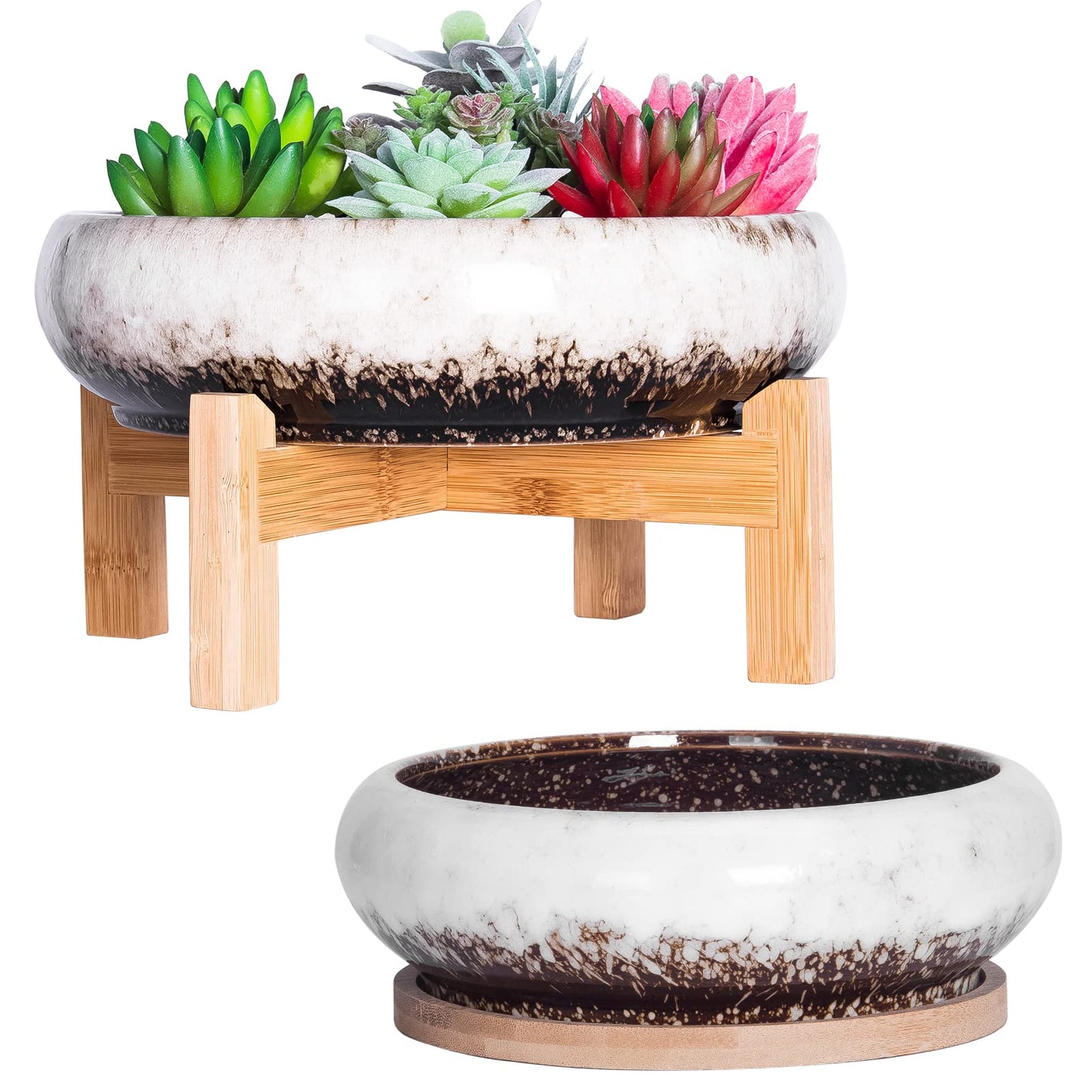 ARTKETTY Succulent Pots with Drainage, Large Succulent Planter with Stand and Saucer Shallow Bonsai Pots Ceramic Cactus Flower Planter Pot for Indoor Plants (7.3 and 10'')