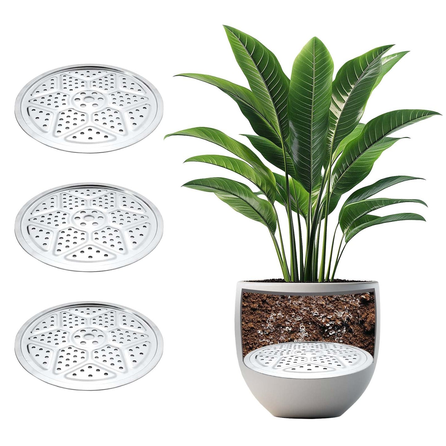 3PCS Round Planter Inserts for Large Tall Pots, 18" Stainless Steel Flower Pot Lift Insert Portable Planter Accessories Circular Plant Risers for Inside Pots with Drainage Hole, Use Less Potting Soil