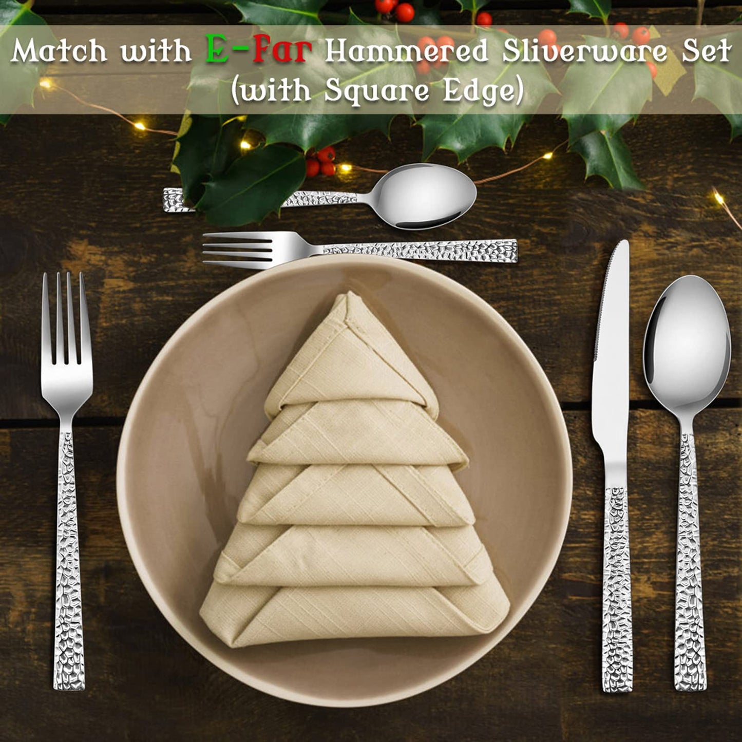 E-far Hammered Dinner Spoons Set of 12, 7.9 Inch Stainless Steel Soup Spoons Tablespoons for Home, Kitchen or Restaurant, Non-toxic & Mirror Polished, Squared Edge & Dishwasher Safe