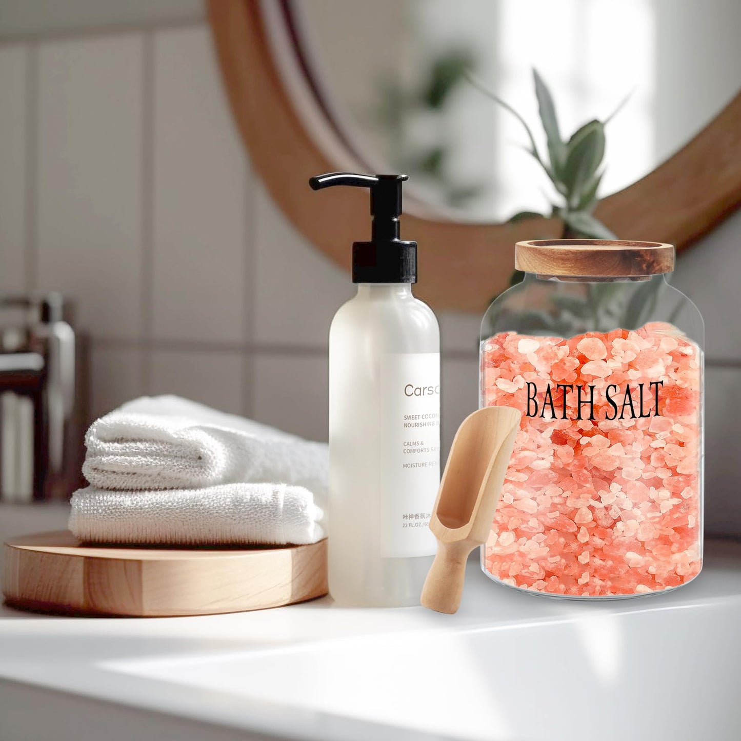 Klmnop 74 oz Glass Bath Salts Jar with Wooden Scoop, Bath Salt Container with Lid, Bathroom Organizers and Bath Decor(Clear)