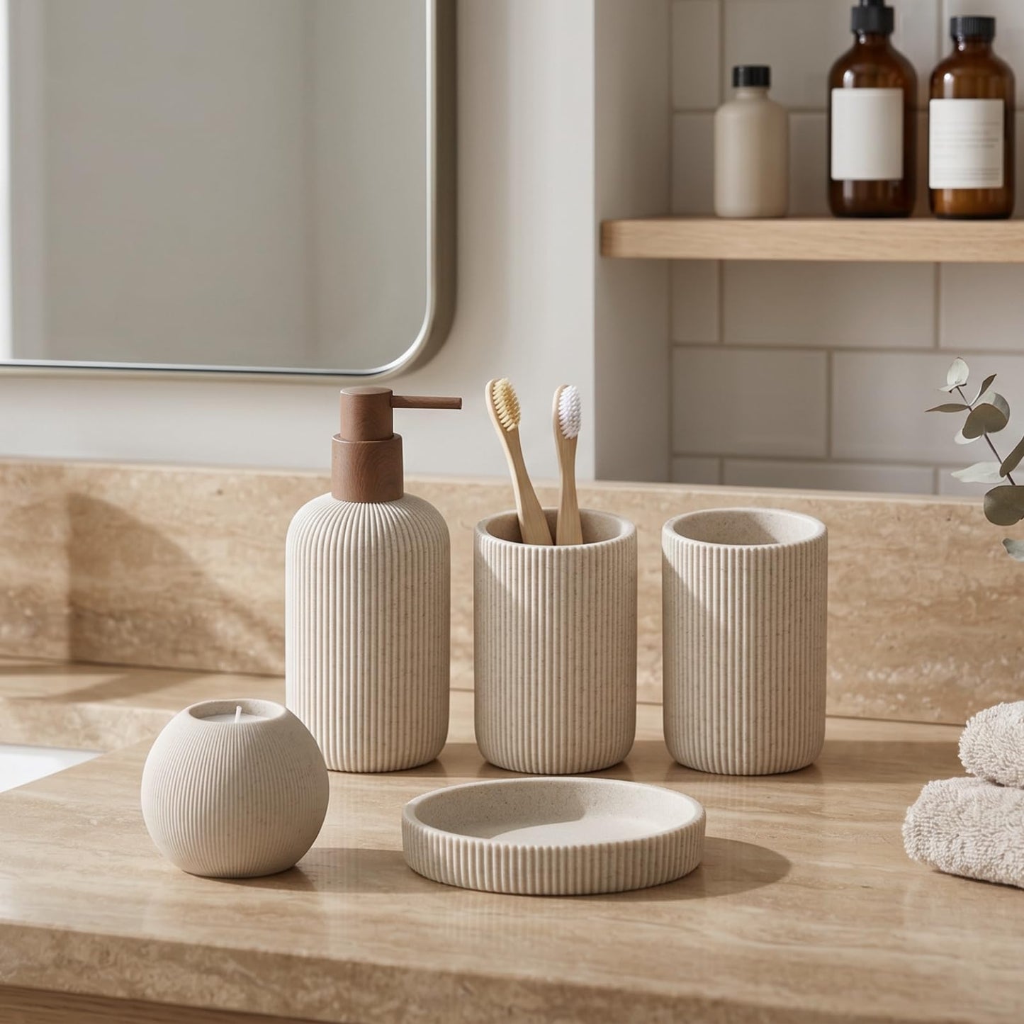 WUUAHOME Bathroom Accessories Set, 5 PCS Sandstone Look Stripe Modern Bath Organizer with Soap Dispenser, Toothbrush Holder, Tumbler, Soap Dish, Candle Holder for Countertop Kitchen Sink (Beige)