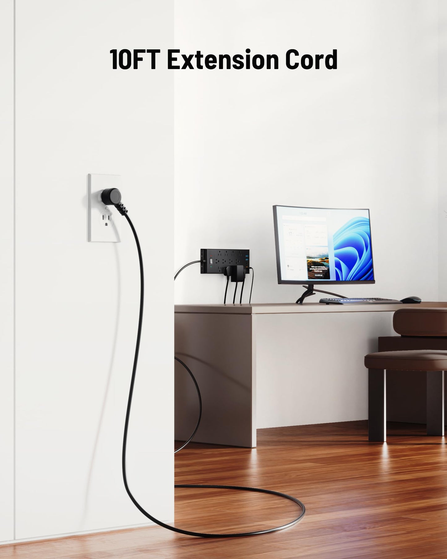 Surge Protector Power Strip 4800J, LeZone 10Ft Long Extension Cord Flat Plug, 12 Outlets 2 USB C 2 USB Ports, Wall Mountable, 20W Desk Charging Station, Black