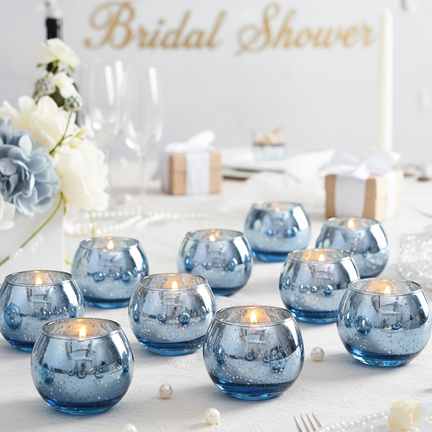 LAMORGIFT 24 Pcs Blue Votive Candle Holders- Blue Centerpieces for Tables, Round Mercury Glass Candle Holder for Wedding Decor, Bridal Shower Decorations