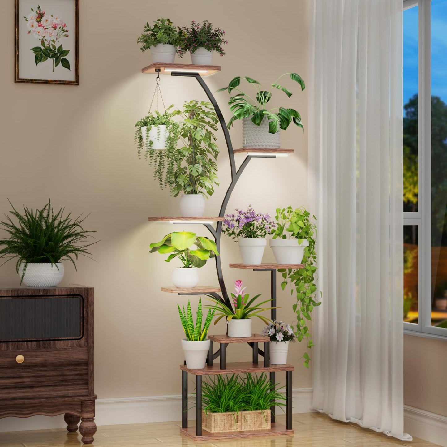 Plant Stand Indoor with Grow Lights,62" Tall 8-Tier Metal Corner Shelf,Multiple Plant Rack for Living Room,Full Spectrum LED Light for Optimal Growth-Space Saving Design,Sturdy & Easy Assembly