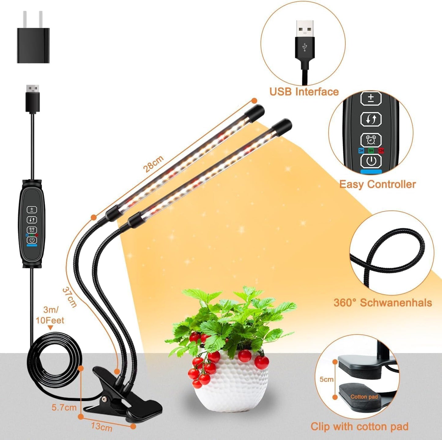 SDOVUERC Full Spectrum Dual Heads Clip Grow Lights for Indoor Plants with 3/9/12H Timer Dimmer and 10 feet Cables for Plant Growing(Adapter Included)