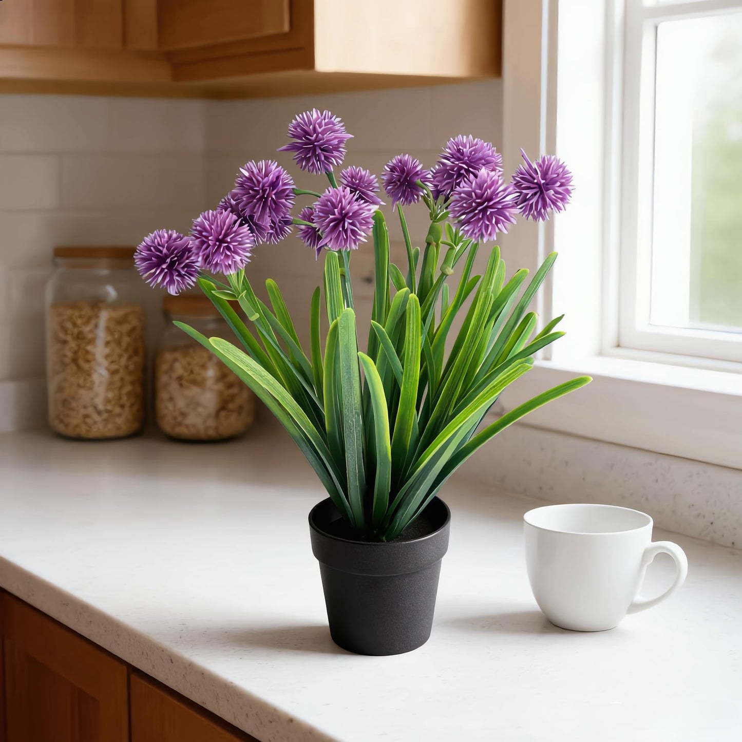 MONOID Small Artificial Allium Plants Fake Purple Pompom Flowers Potted Faux Onion Grass in Black Pots for Shelf Desk Home Office Bathroom Farmhouse Table Decor (Lavender Purple)
