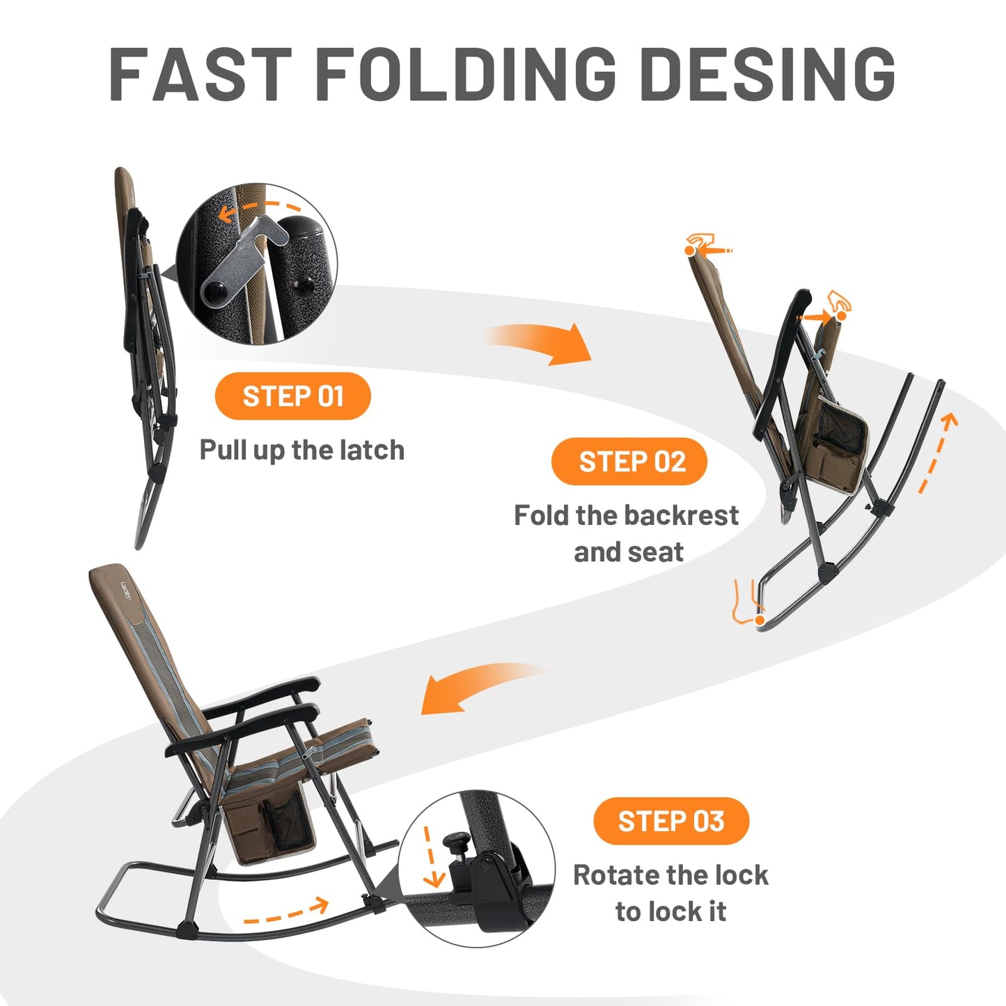 TIMBER RIDGE Foldable Padded Rocking Chair for Outdoor, High Back and Heavy Duty, Portable for Camping, Patio, Lawn, Garden, Yard or Balcony, Supports 300lbs (Brown)