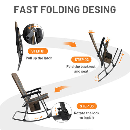 TIMBER RIDGE Foldable Padded Rocking Chair for Outdoor, High Back and Heavy Duty, Portable for Camping, Patio, Lawn, Garden, Yard or Balcony, Supports 300lbs (Brown)