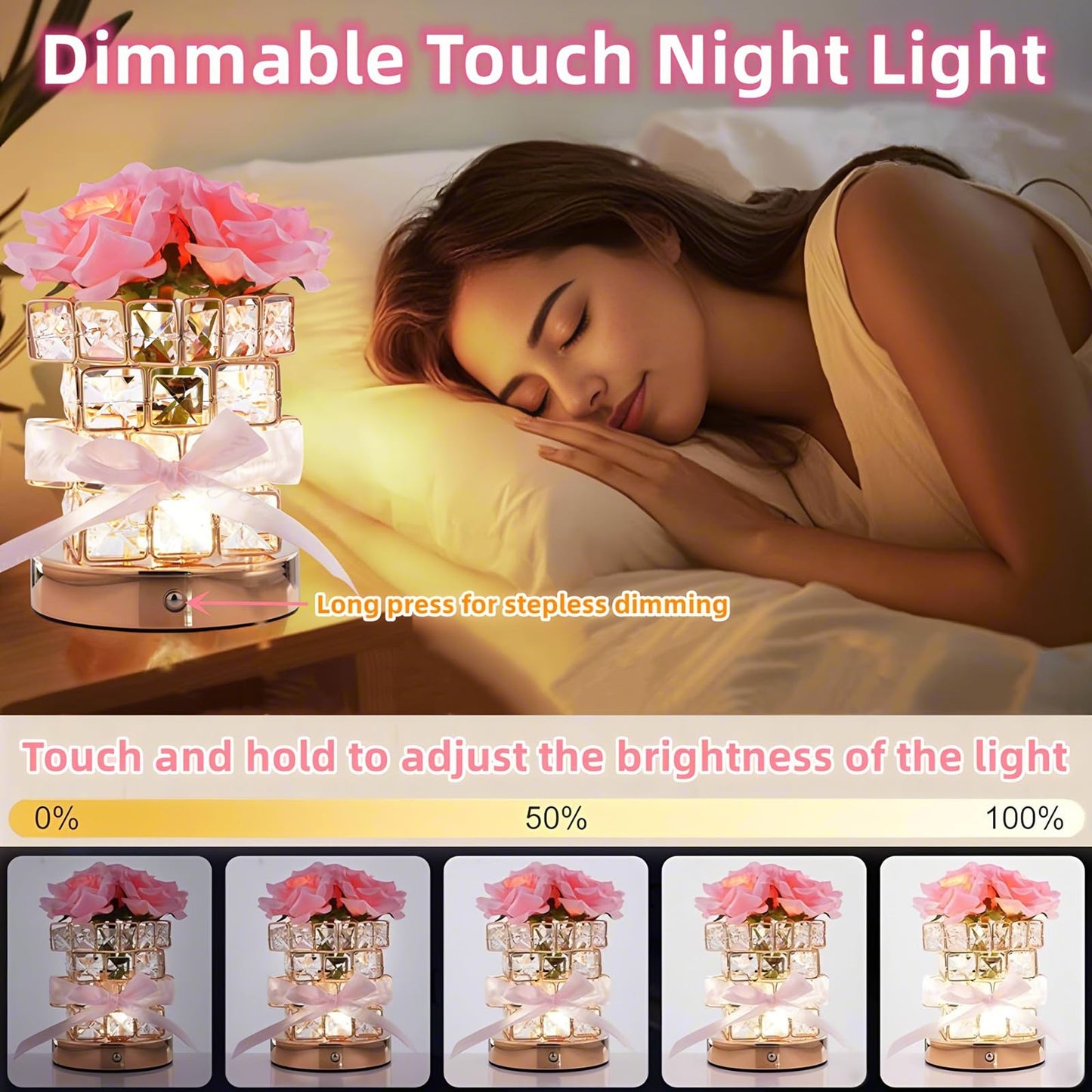 Rose Flower Lamp,Rose Gifts for Women Mother,Rechargeable Cordless Touch Small Flowers Night Light,3-Colour Stepless Dimming Crystal Bedside Lamps,Birthday Gifts for Mom Wife Girlfriend Home Decor