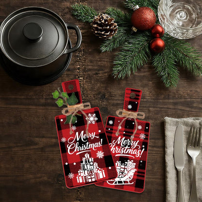 PH PandaHall 6pcs Christmas Wooden Sign, Red Plaid Christmas Kitchen Eat Sign Decorations Wall Decor Eat Art Hanging Fork Spoon Dining Signs for Home Kitchen Dining Living Room Bar Cafe