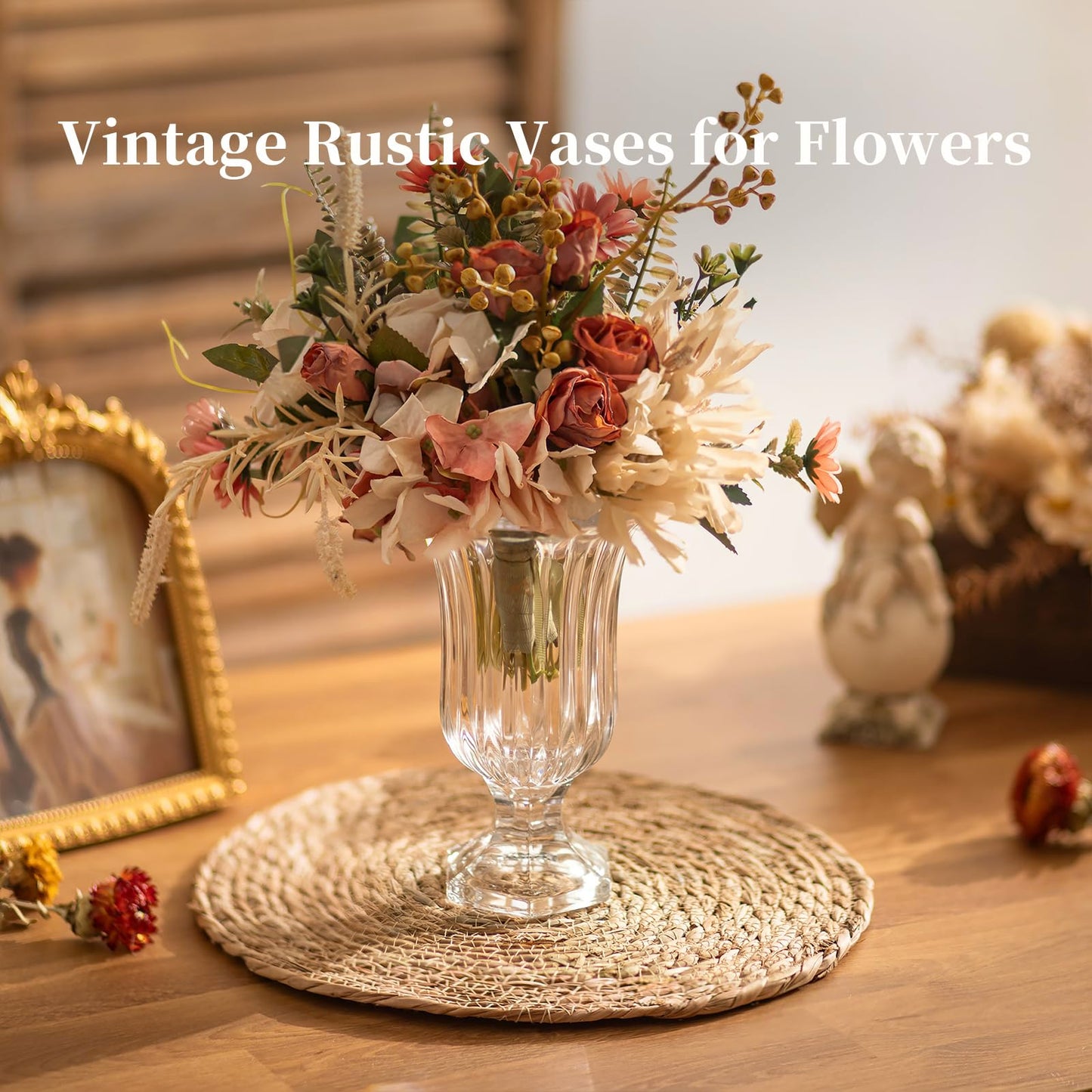 Glasseam Crystal Vases for Flowers, 7.5in Tall Vase Set of 6, Clear Glass Compote Vases and Ribbed Pedestal Bowls for Living Room Decorations Dining Table Home Decor
