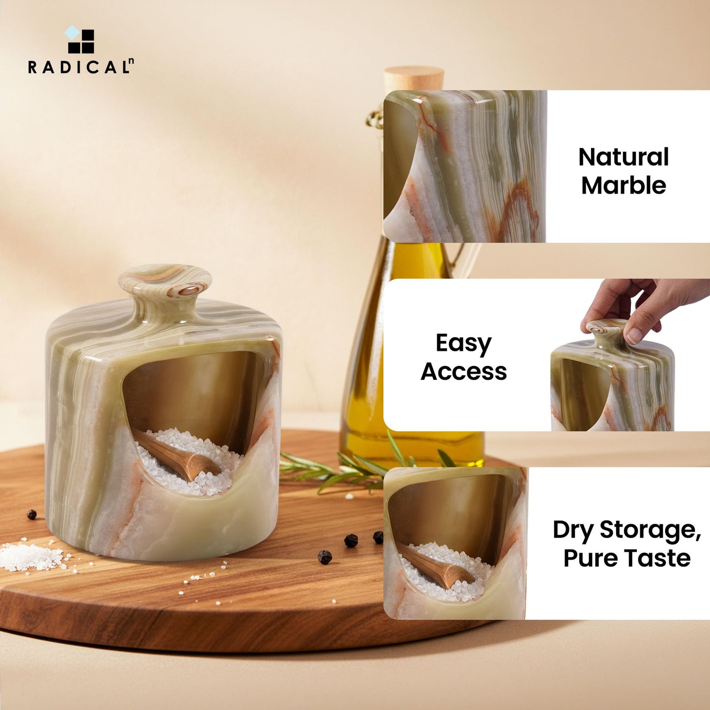 Radicaln Marble Salt Cellar 4.5" Inches Green Onyx Handmade Pig Salt Container & Spice Jar for Kitchen Countertop, Ideal Salt Box & Salt Bowl for Pepper & Spices