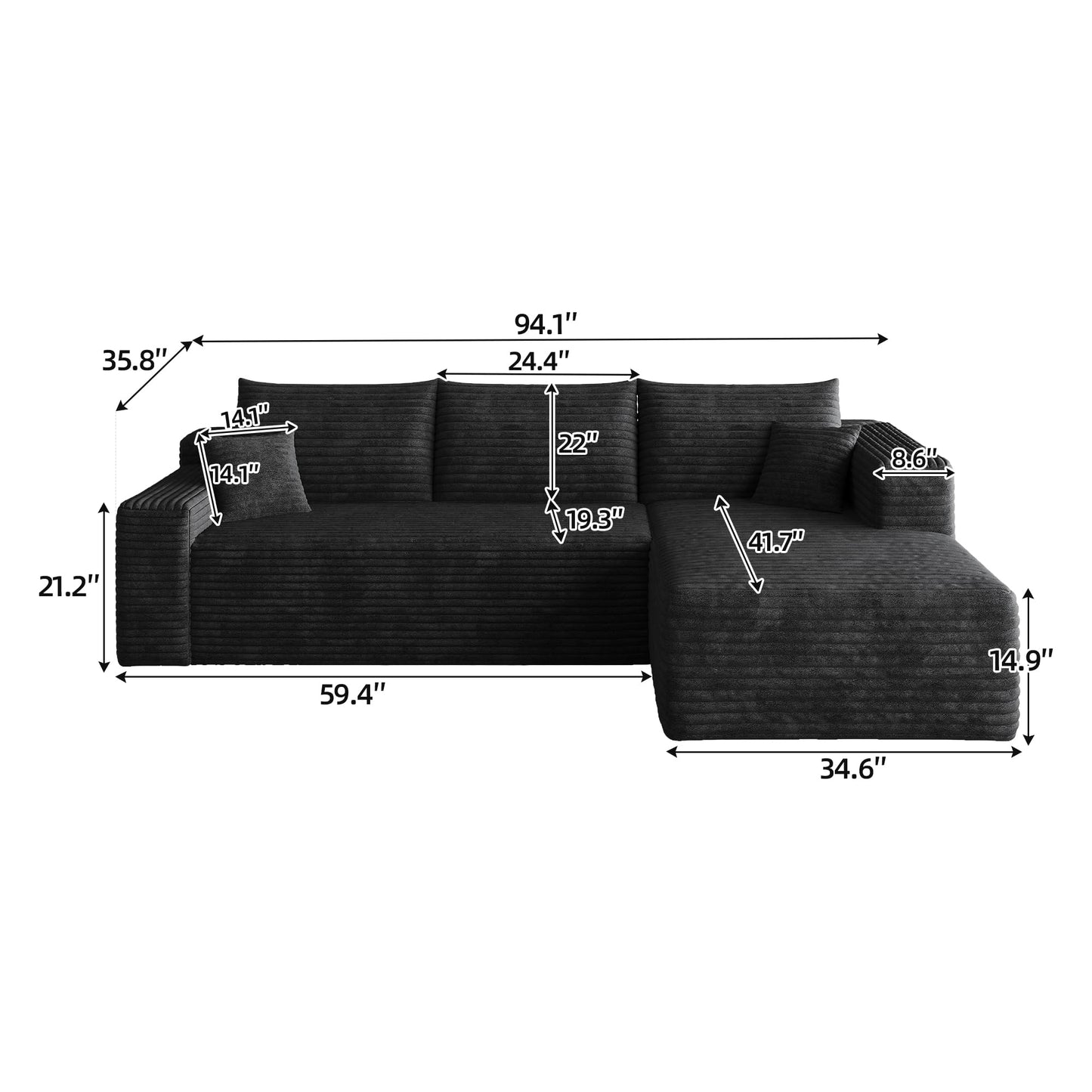 95" L Shaped Boneless Sectional Sofa Couch with Chaise Lounge, Minimalist Right Facing Compressed Cloud Modular Sectional Sofa Corner Couchfor Living Room,No Assembly Required