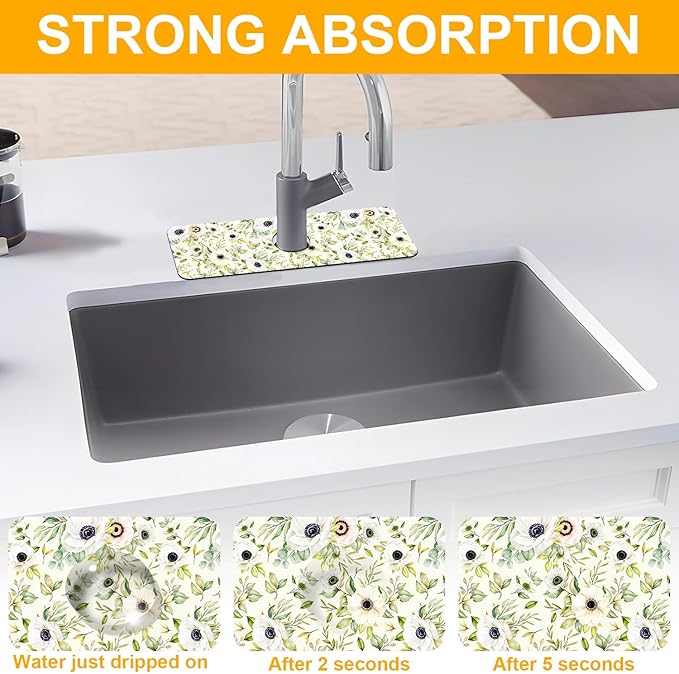 2 Pack Watercolor Floral Sink Faucet Absorbing Mat White Pink Flowers Super