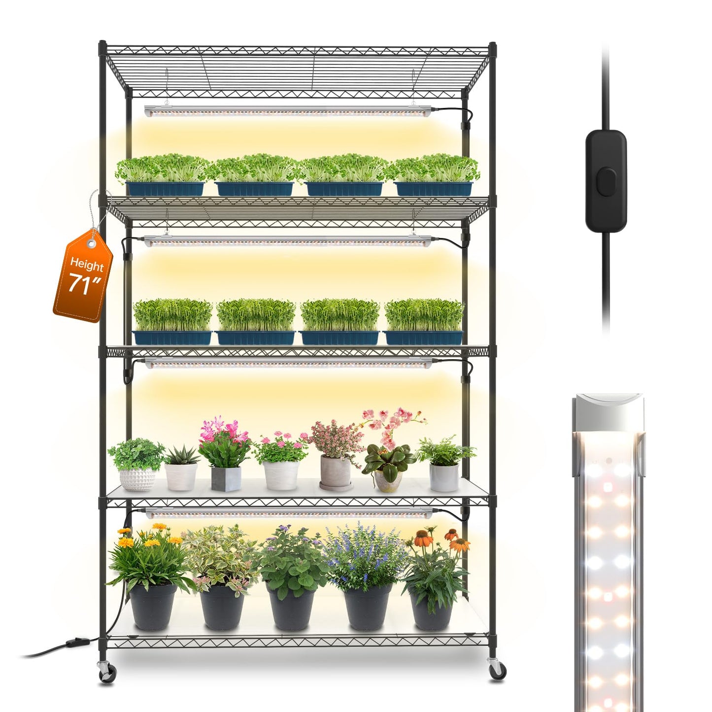 Bstrip Plant Shelf with Grow Light, 5 Tier Large Tall Plant Stand with 3FT T8 120W Grow Light for Indoor Plants, Full Spectrum LED Plant Light with Wheel for Seedling, (47.2" Lx17.8 Wx71 H)
