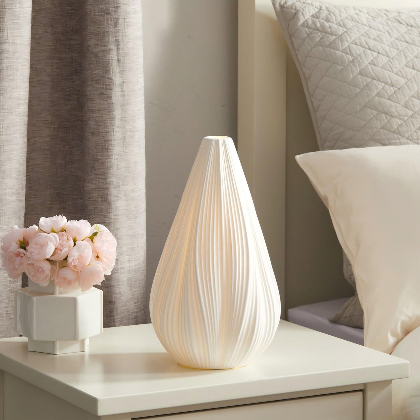 RONDURE 12.5" Modern Ceramic Table Lamp, Fully Dimmable Bedside Lamp for Bedroom Living Room Nightstand, White Translucent Ceramic Shade, Warm Ambient Decorative Corded Lighting, Bulb Included